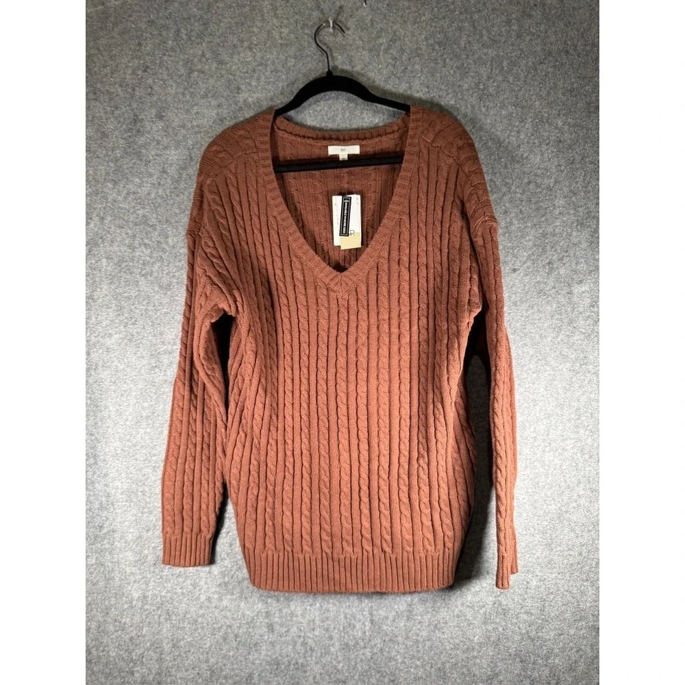 BP Nordstrom Womens large Cable Knit V-Neck‎ Sweater Brown Mink academia preppy